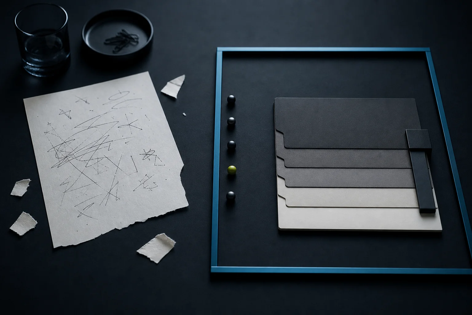 A torn sheet covered in loose marks sits beside an orderly five-layer task packet contained within a precise blue frame.