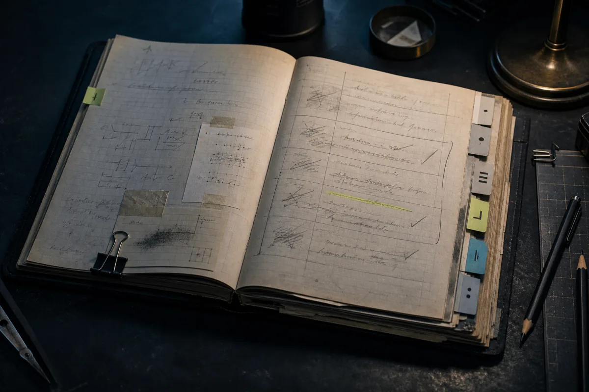 An open decision ledger with revisions, evidence slips, and visible review marks.
