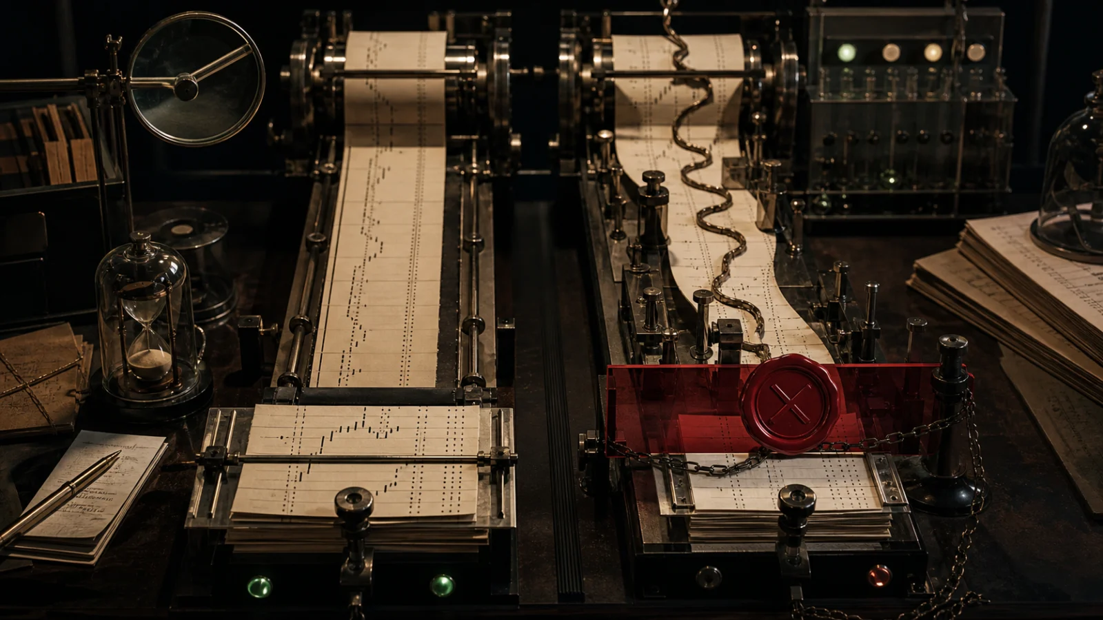 Two parallel mechanical test lanes compare the same abstract market evidence, while the more complex candidate is stopped behind a red rejection gate.