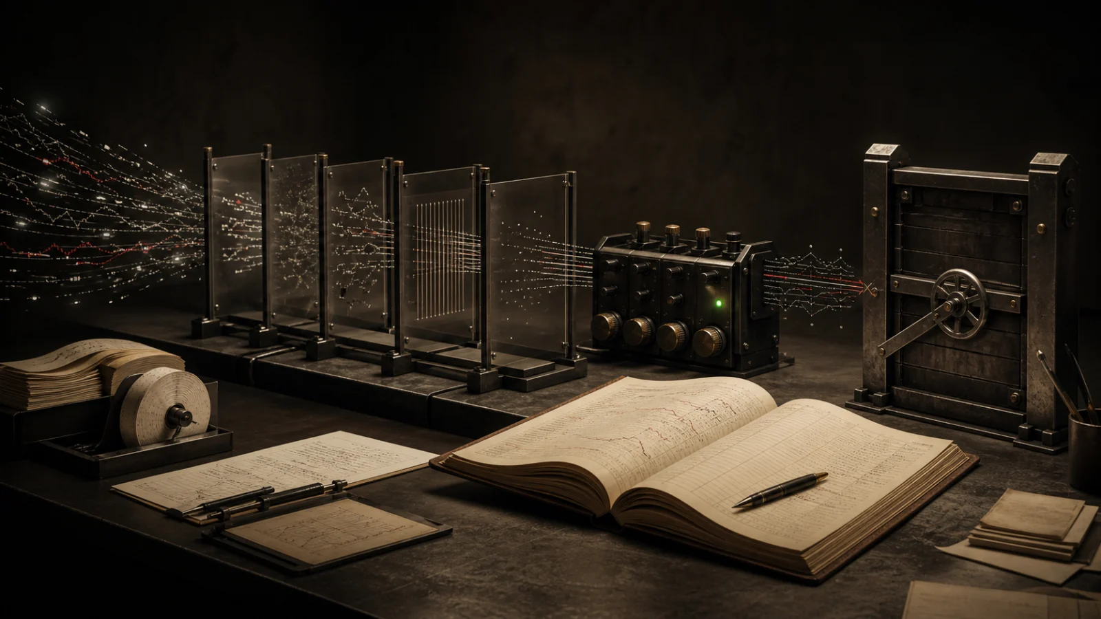 Abstract market observations pass through transparent filters and bounded controls before reaching a paper ledger and a closed mechanical order gate.