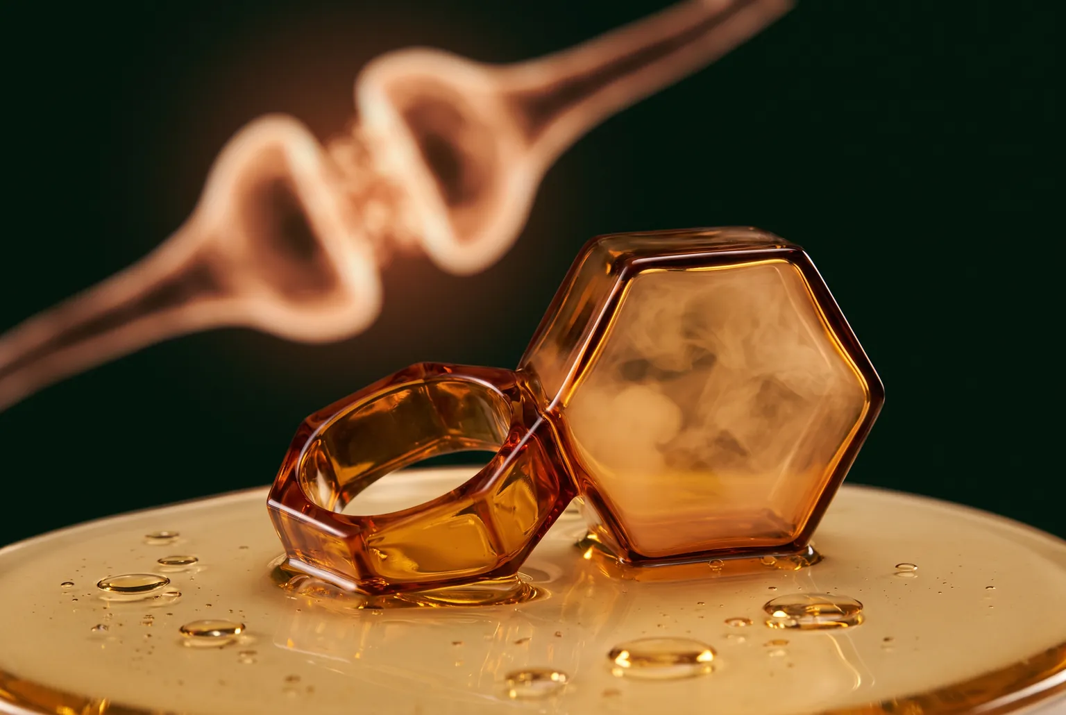 Illustrative still life of an amber glass ring joined to a larger hexagonal glass form, resting in a pool of golden oil with a glowing synapse blurred behind it.