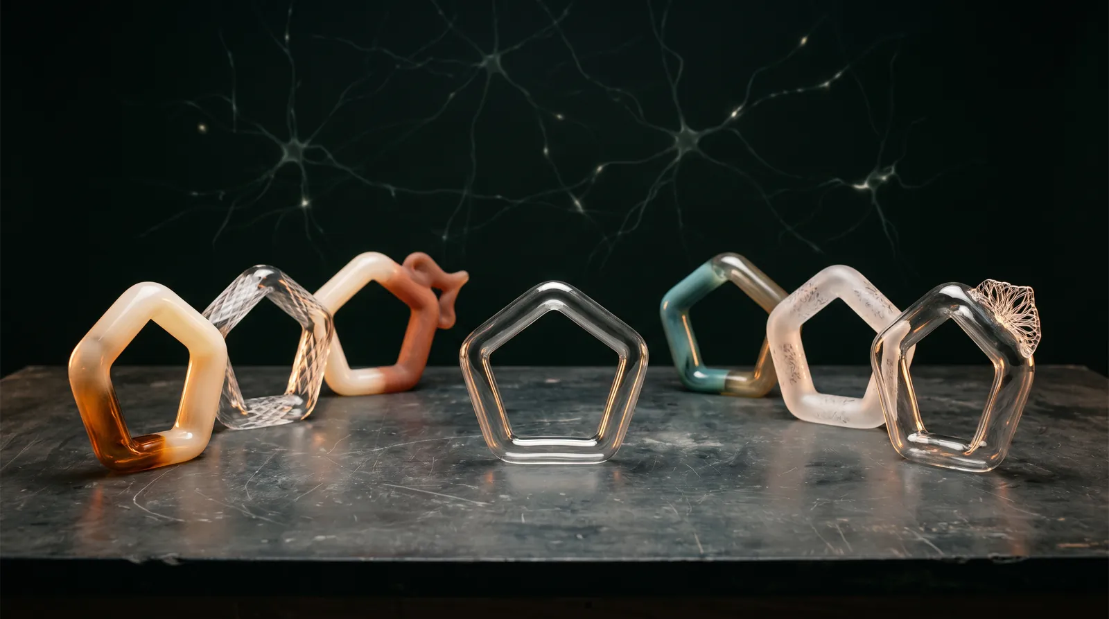 Illustrative still life of seven hand-blown glass rings on a dark slate bench, each a variation of the same five-sided form, with faint neural filaments in the darkness behind them.