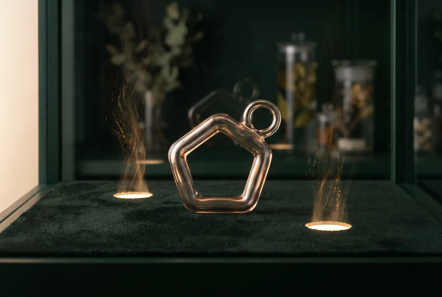Illustrative still life of a rose-tinted glass ring with a looped handle in a dark display case, between two glowing pores releasing streams of light particles.