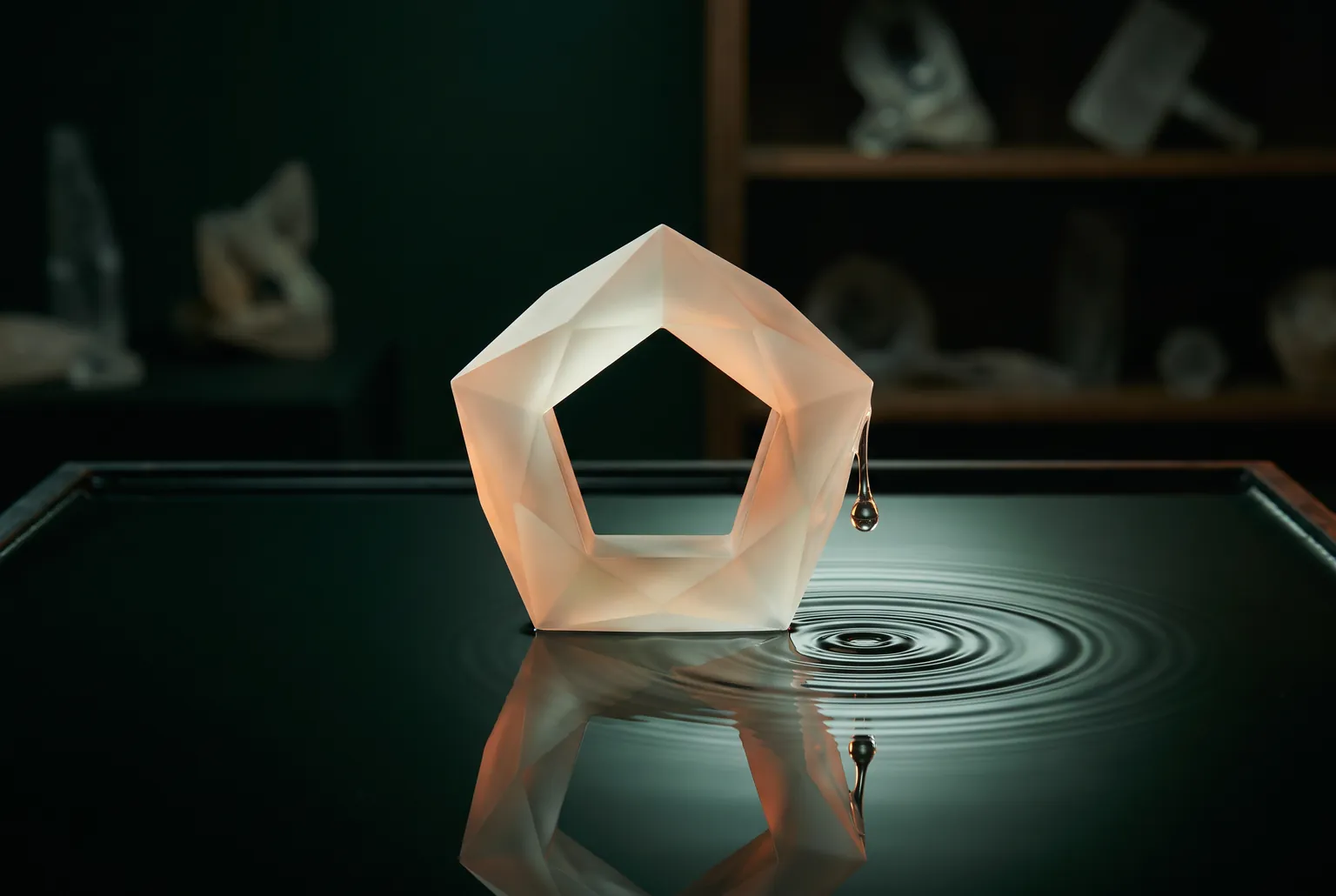 Illustrative still life of a frosted crystal five-sided ring standing in dark still water, with a droplet sending out concentric ripples.