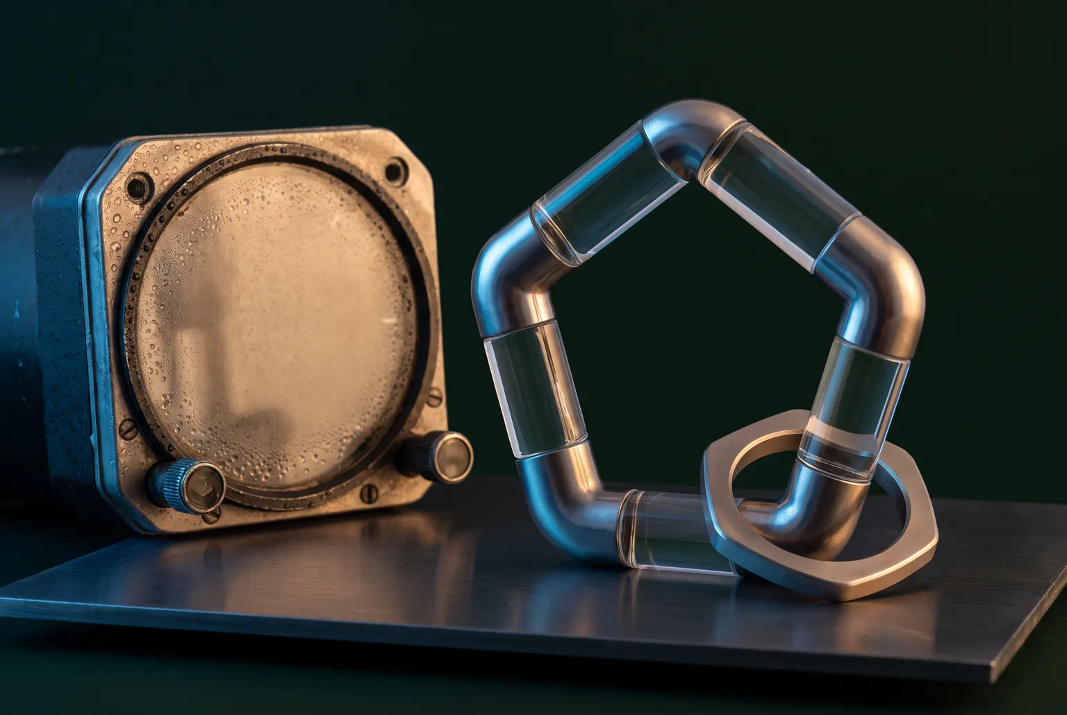 Illustrative still life of a titanium and glass five-sided ring linked to a hexagonal titanium ring, beside a vintage aerospace instrument with a blank, condensation-beaded face.