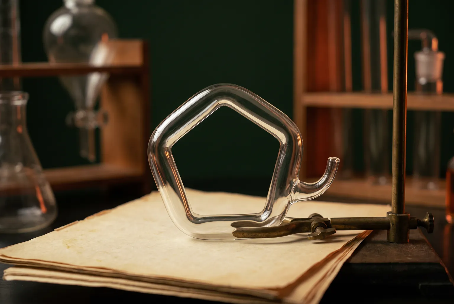 Illustrative still life of a single clear glass five-sided ring with a short curved tail resting on aged paper beside a brass laboratory stand.