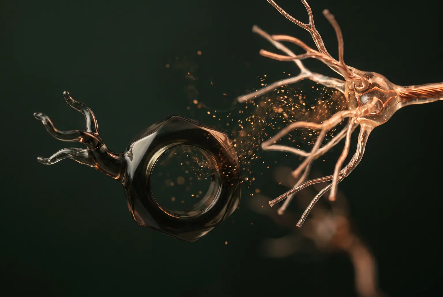 Illustrative image of a smoked-glass ring with branching glass arms beside a copper-toned neuron drawing in a stream of amber particles.