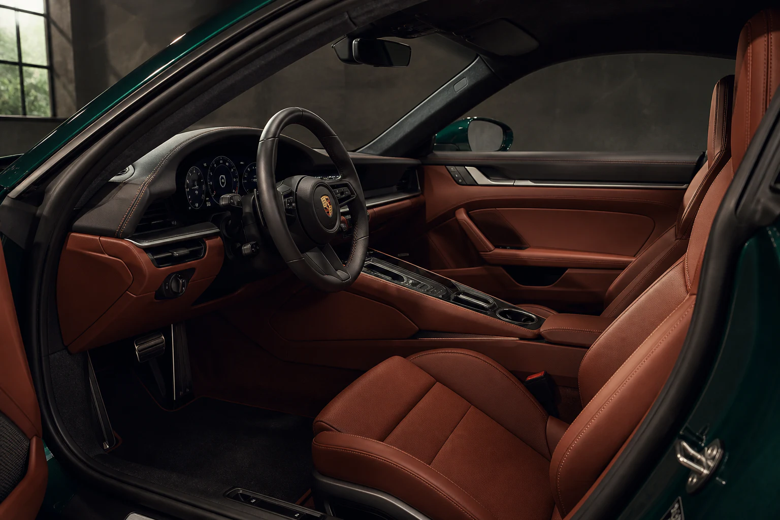 Editorial interior study showing two-tone Terracotta leather inside a dark green contemporary 911 cabin.