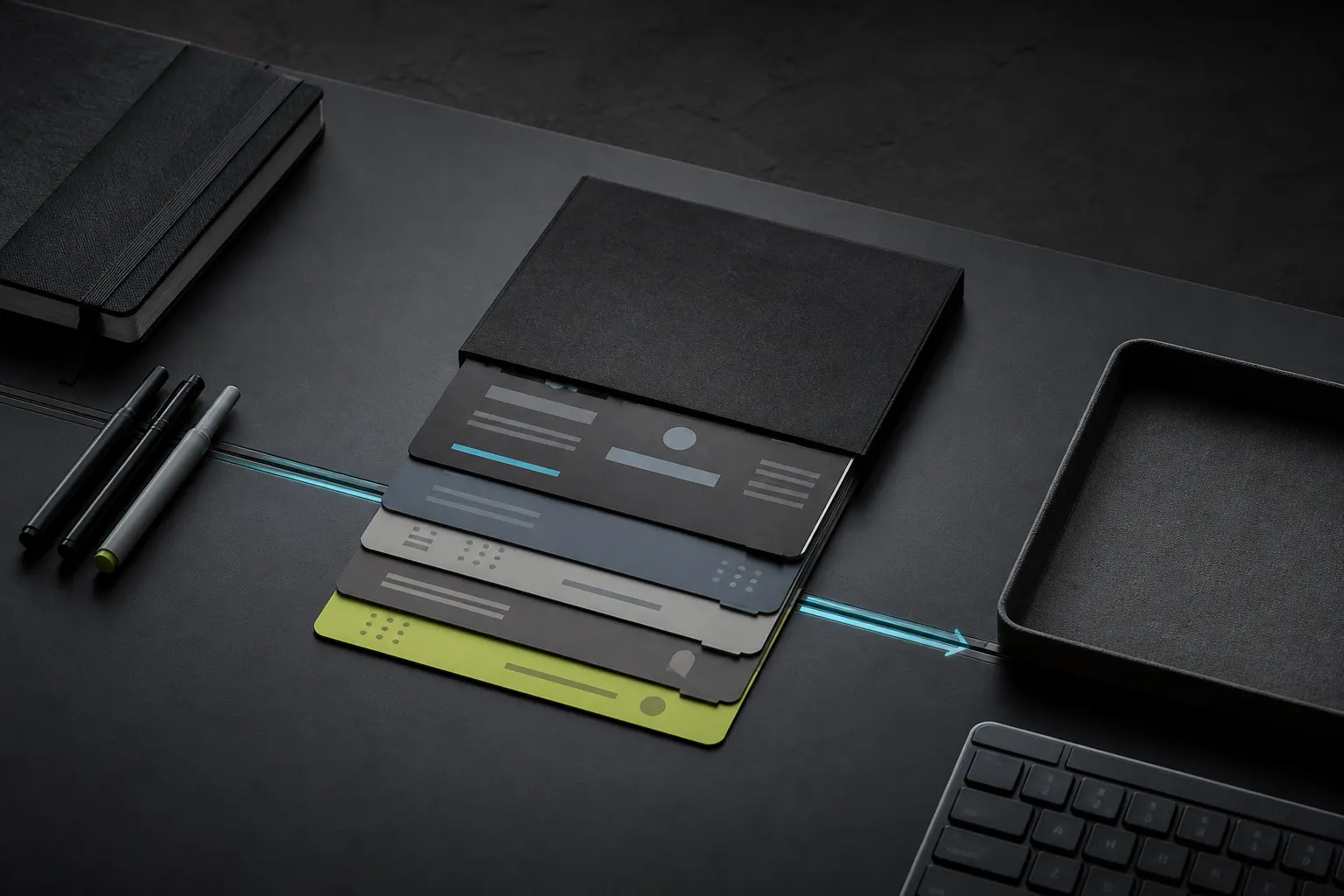 A slim five-layer document packet travels along a cyan line from an orderly notebook toward an empty receiving tray, with a lime final layer marking the next action.