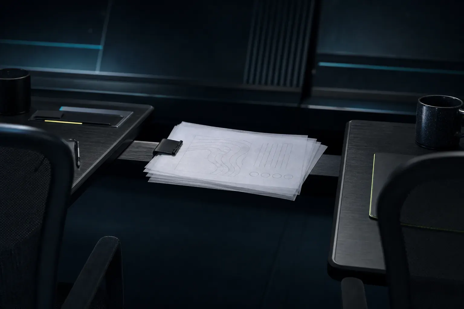 A concise handoff packet moving between two dark workstations.