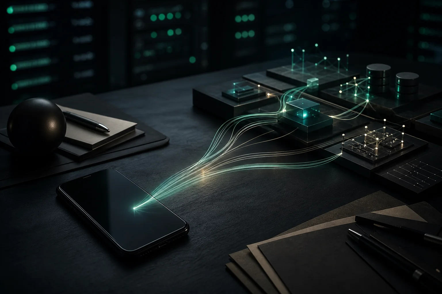 A dark workbench where a phone connects through illuminated lines to a network of agent tools.