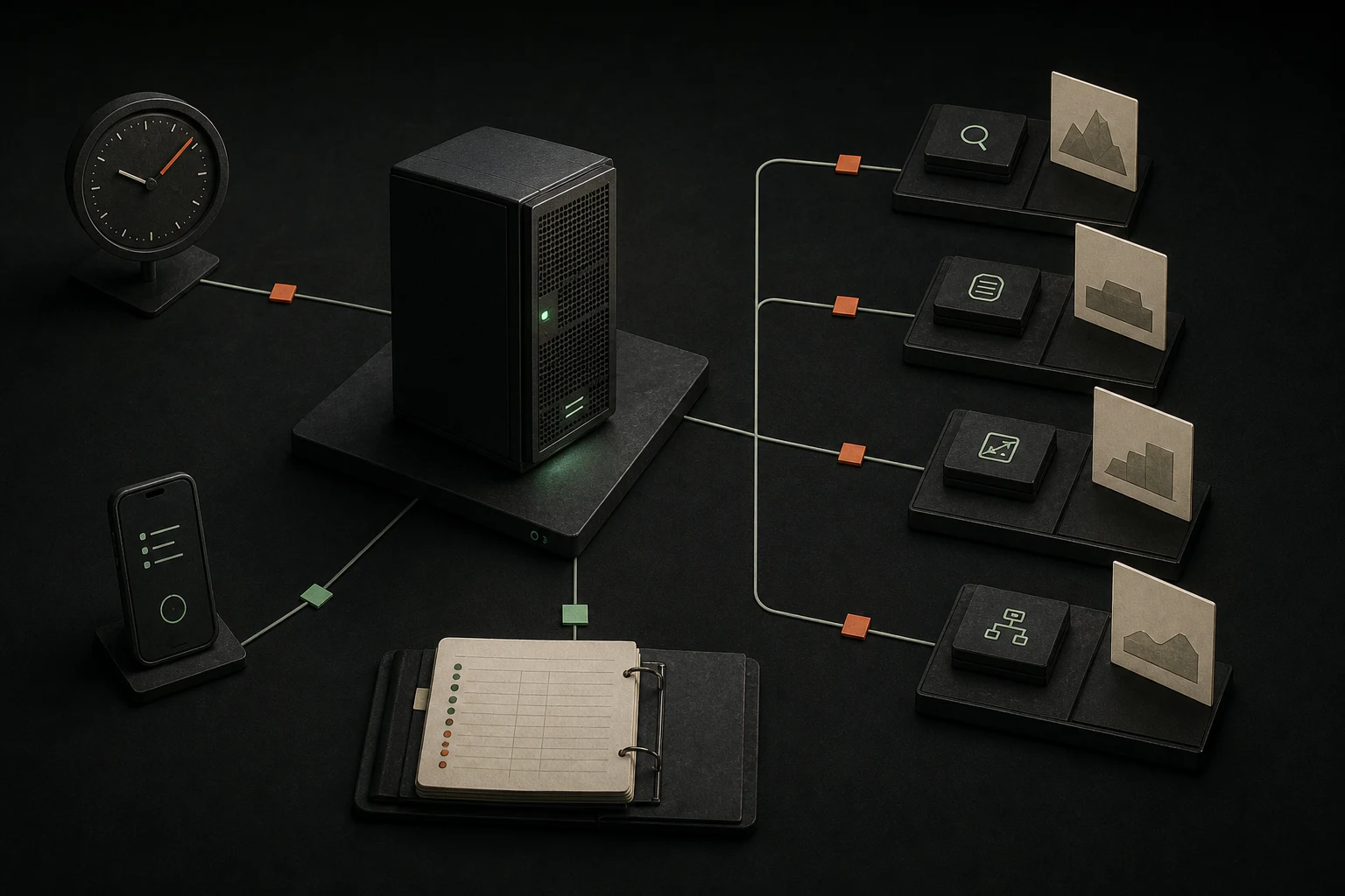 A dark physical model of one always-on server connecting a phone, scheduler, evidence ledger, and four isolated agent workstations.