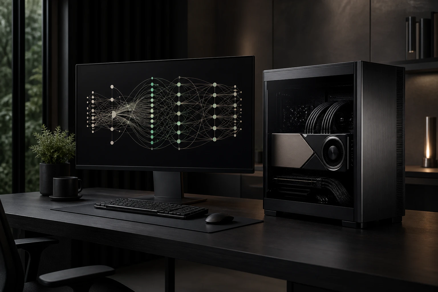 Premium local AI workstation displaying a mixture-of-experts neural-network visualization