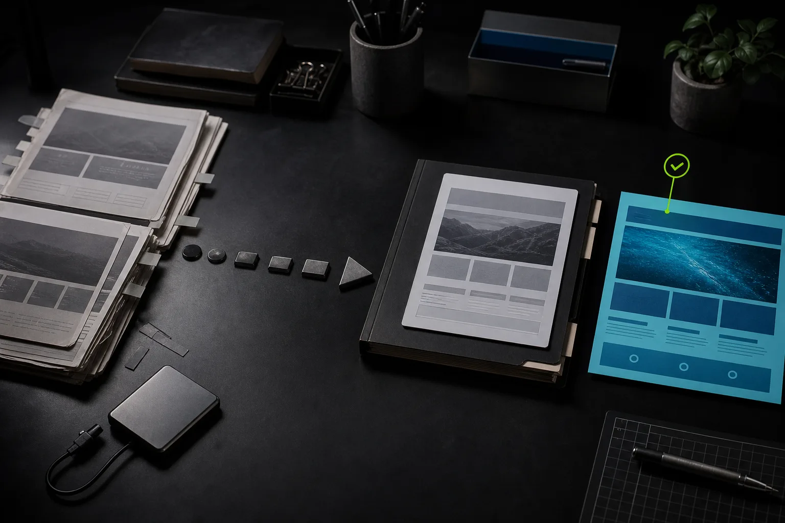 A dark editorial workbench with old grey page proofs on the left, a current source folder in the middle, and a bright cyan live page marked as verified on the right.