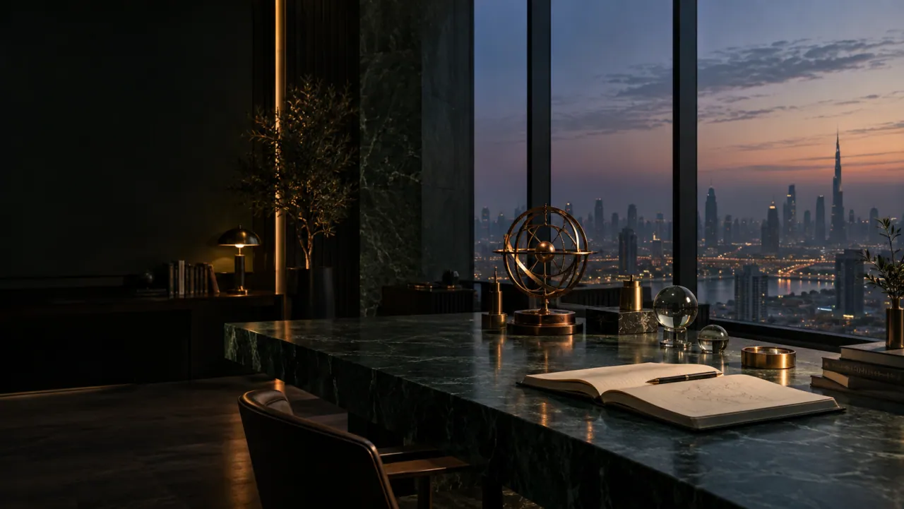 A dark green marble desk with an open notebook, brass instruments and a glass globe, before a window onto a city skyline at dusk