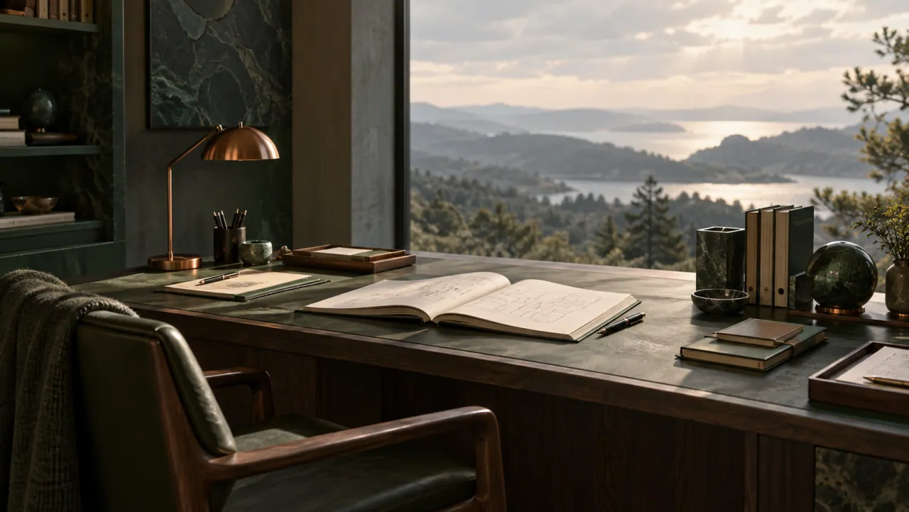 An orderly wooden desk with open paper manuals, filed binders and a brass lamp beside a window