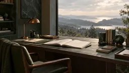 An orderly wooden desk with open paper manuals, filed binders and a brass lamp beside a window