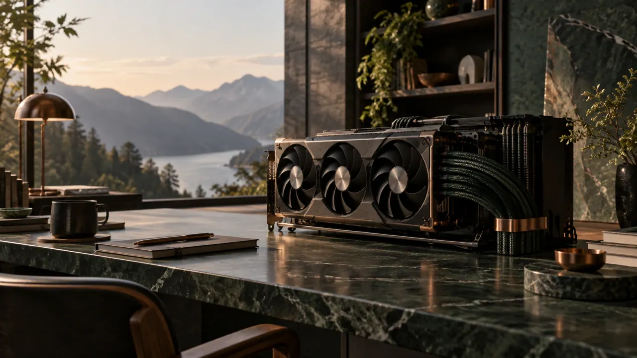 A triple-fan graphics card on a green marble desk in a home study overlooking hills and a lake