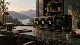 A triple-fan graphics card on a green marble desk in a home study overlooking hills and a lake