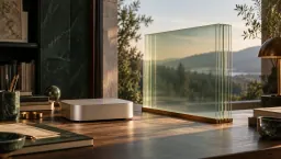 A compact unbranded aluminium desktop computer beside a tall stack of translucent glass panes