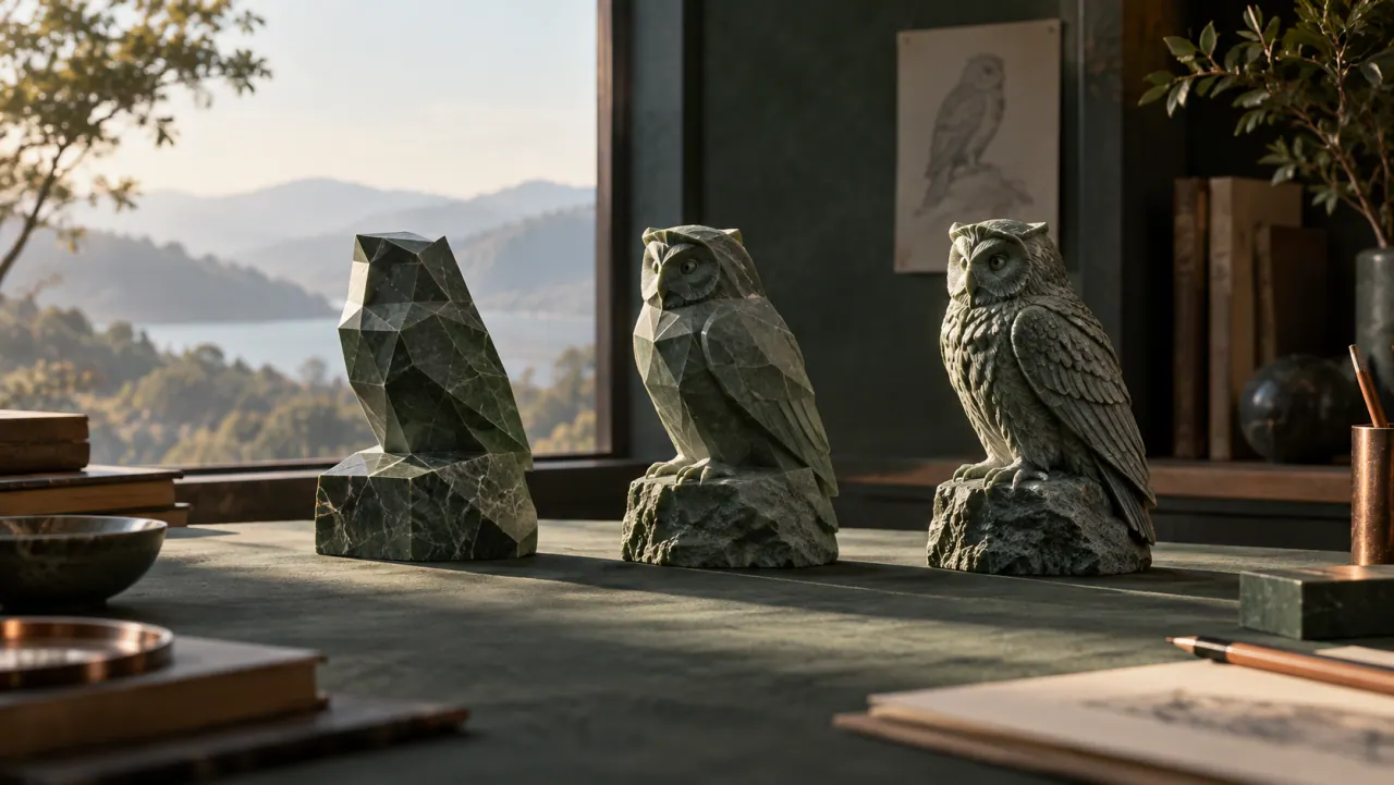Three carved stone owls of the same shape, each with a different level of detail, from blocky to finely carved