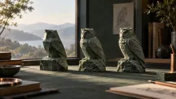 Three carved stone owls of the same shape, each with a different level of detail, from blocky to finely carved