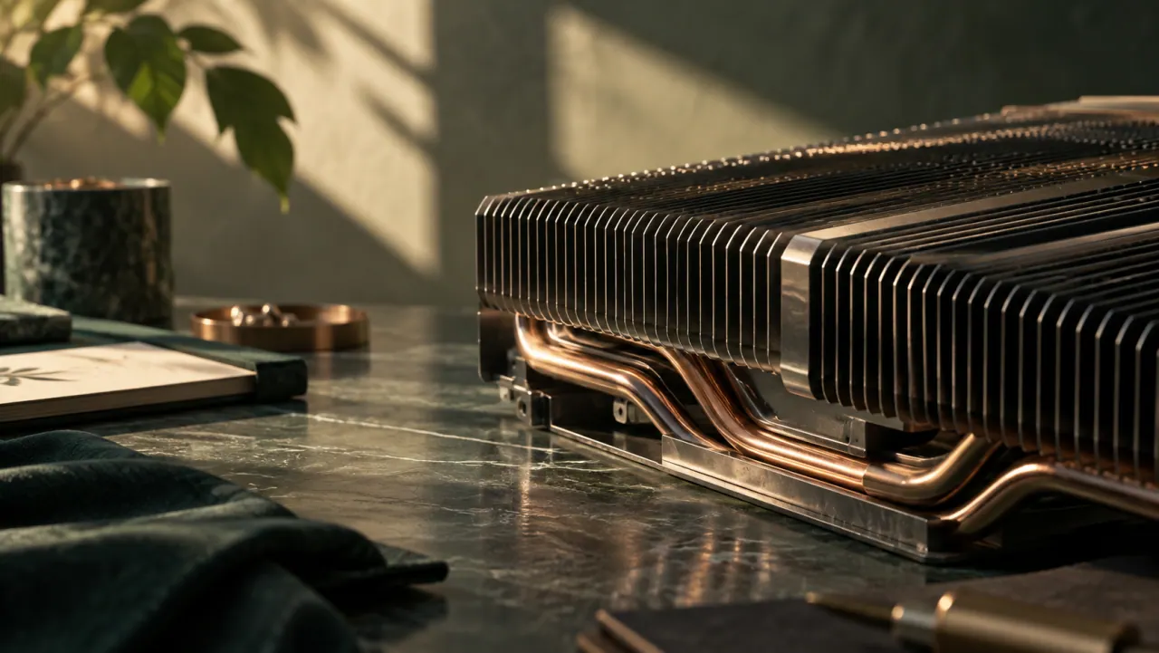 Close-up of a graphics card's metal heat-sink fins and copper heat pipes in raking light