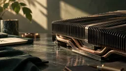 Close-up of a graphics card's metal heat-sink fins and copper heat pipes in raking light