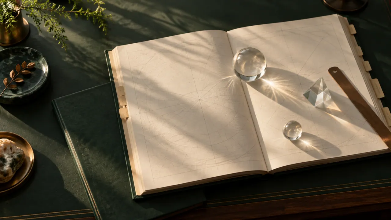 An open ivory folio with a crystal sphere and glass prism resting on its pages, on a green marble desk