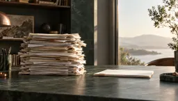 An overstuffed stack of loose papers beside one thin, neatly squared brief on a marble desk