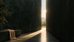 A narrow band of daylight falling through the gap between two dark marble walls