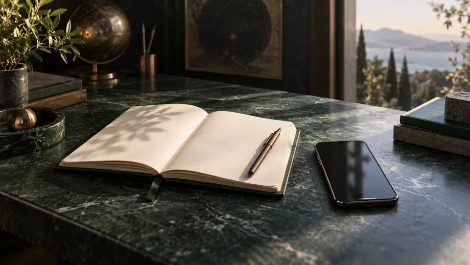 A smartphone with a blank screen beside an open notebook and pen on a marble desk
