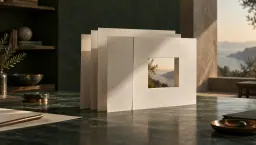 Layered ivory paper screens with a single square opening revealing the view beyond