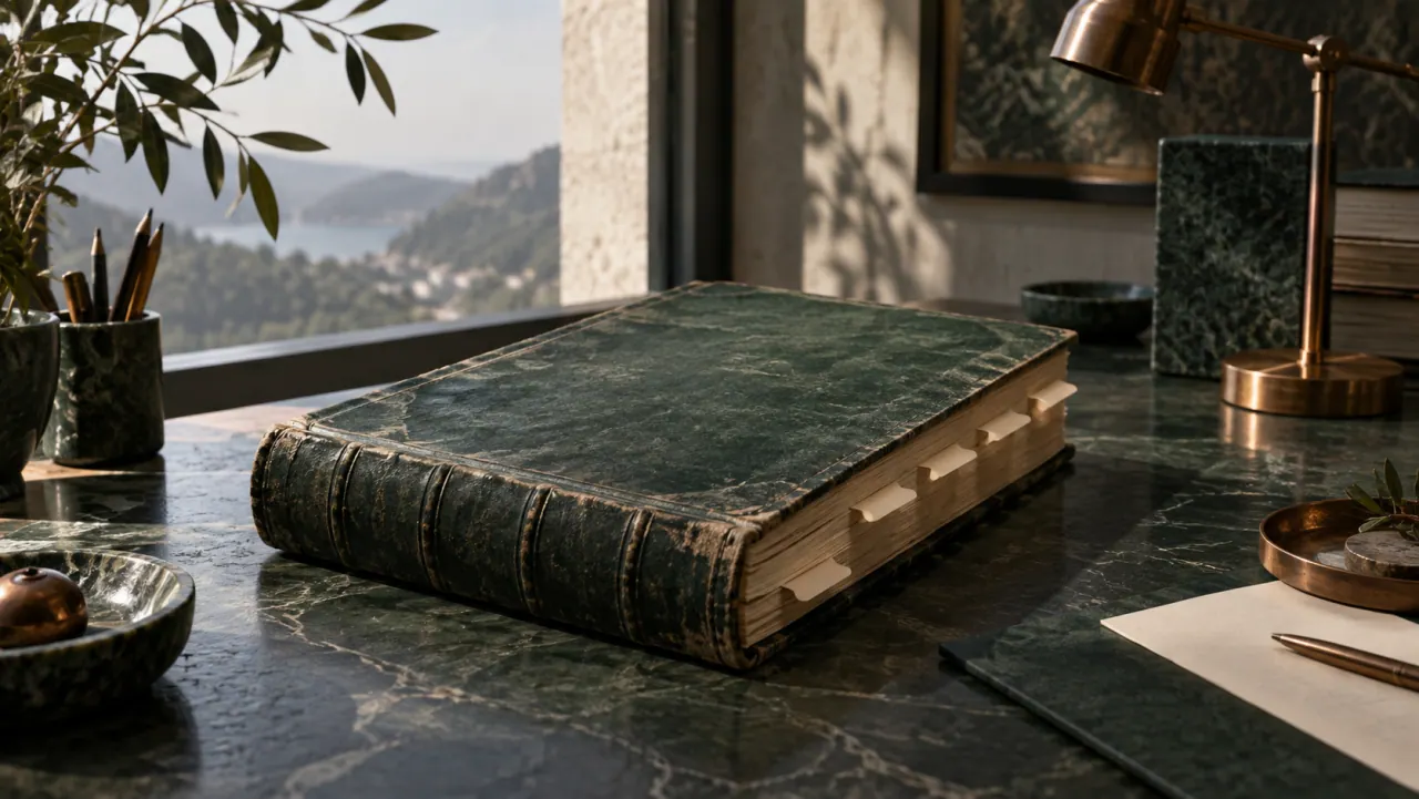 A thick green leather-bound ledger with blank index tabs on a marble desk