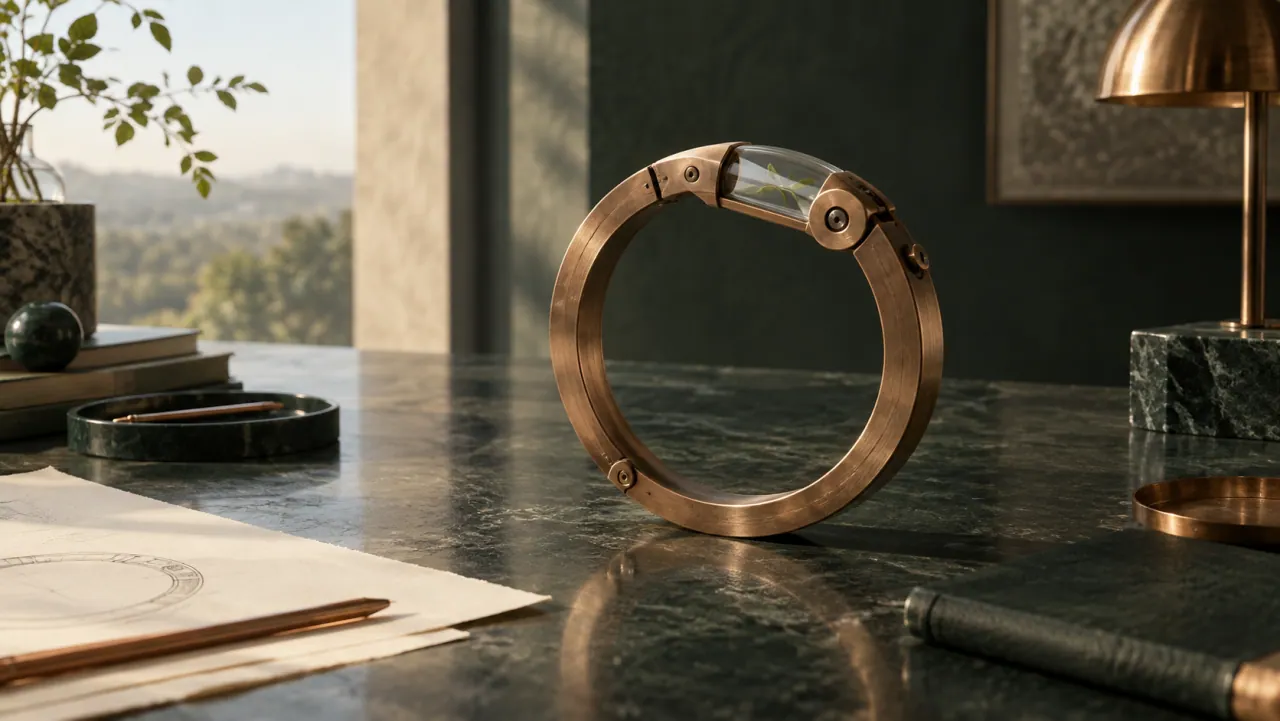 A closed copper ring with a small glass inspection window, standing on a marble desk