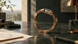 A closed copper ring with a small glass inspection window, standing on a marble desk