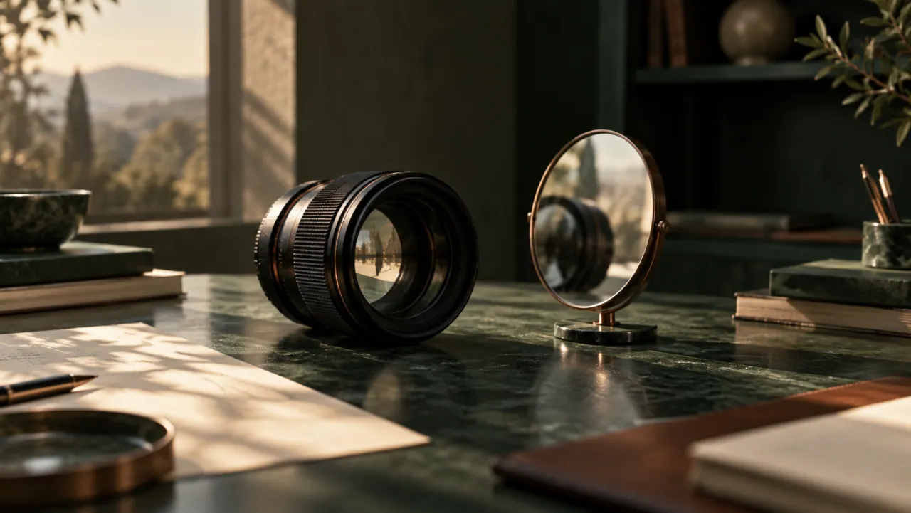 A camera lens lying on its side facing a small round mirror on a stand