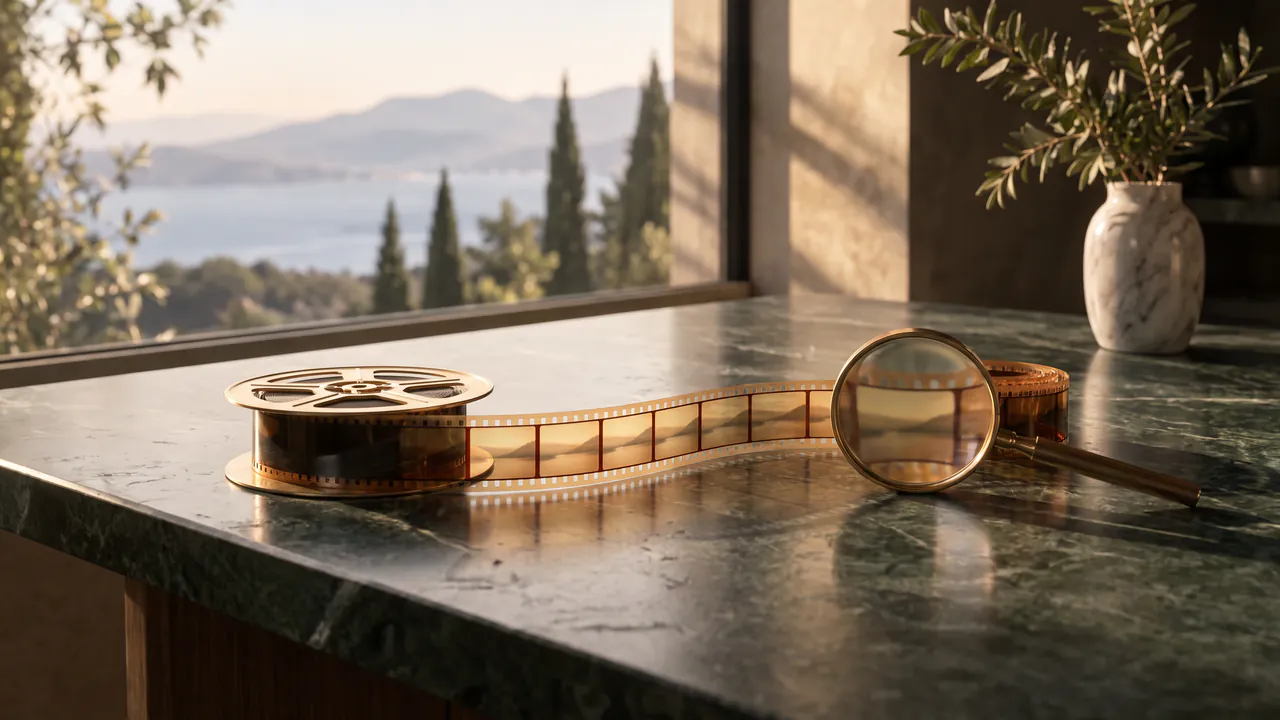 A strip of film unwinding from a brass reel across a marble desk, with a brass loupe over one frame