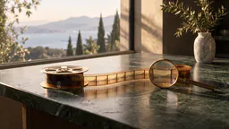 A strip of film unwinding from a brass reel across a marble desk, with a brass loupe over one frame