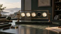 A brass and glass inspection bar with five round lenses, four lit and one dark