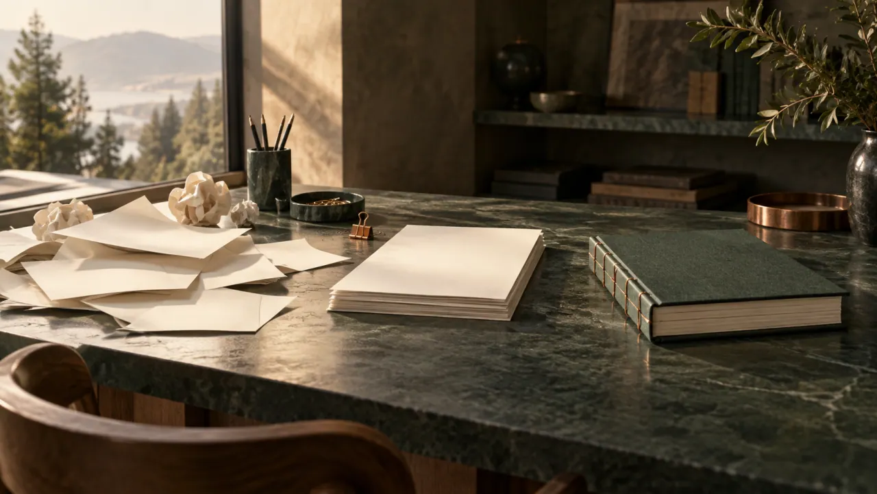 Loose blank sheets on the left giving way to a neat stack and a bound green book on the right