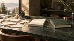 Loose blank sheets on the left giving way to a neat stack and a bound green book on the right