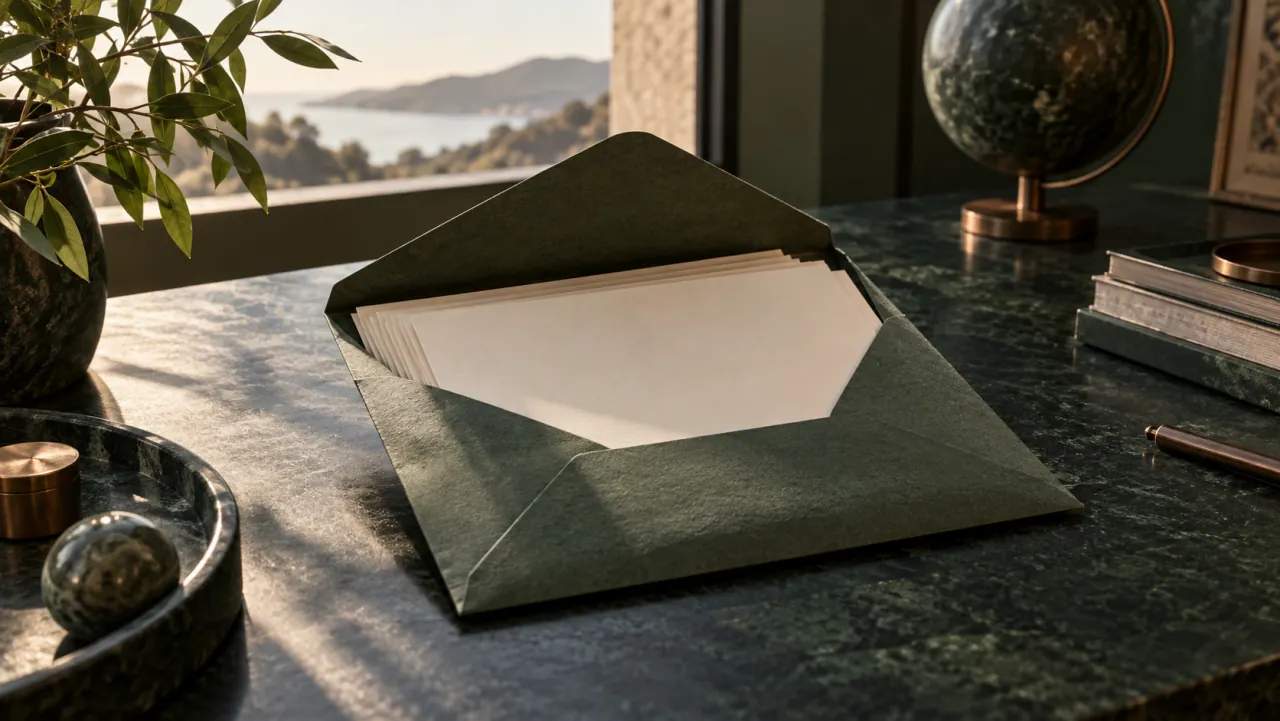An open green envelope holding neatly arranged blank ivory sheets