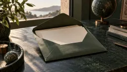 An open green envelope holding neatly arranged blank ivory sheets
