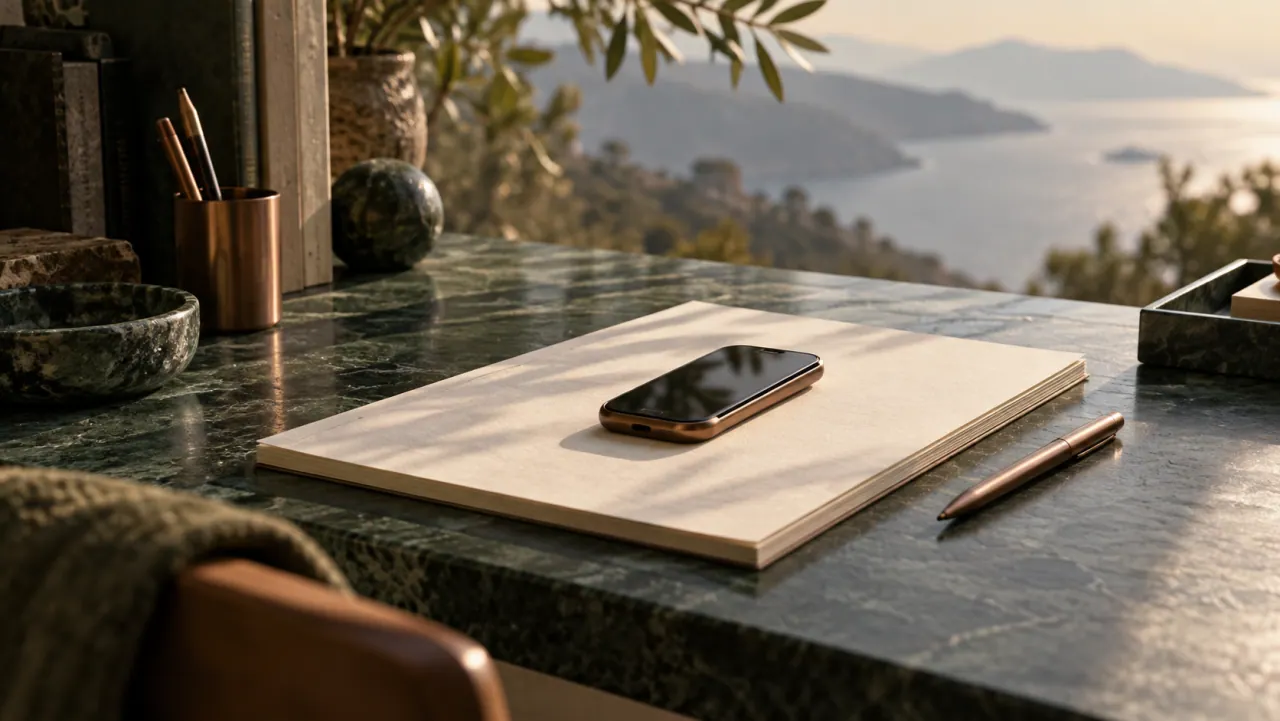 A smartphone resting on an ivory writing pad beside a copper pen