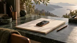 A smartphone resting on an ivory writing pad beside a copper pen