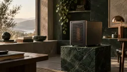 A small vented server case standing on a green marble plinth in a study