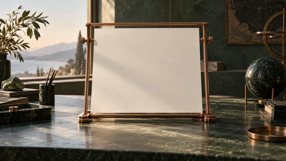 A copper drafting frame holding a single clean sheet of ivory paper