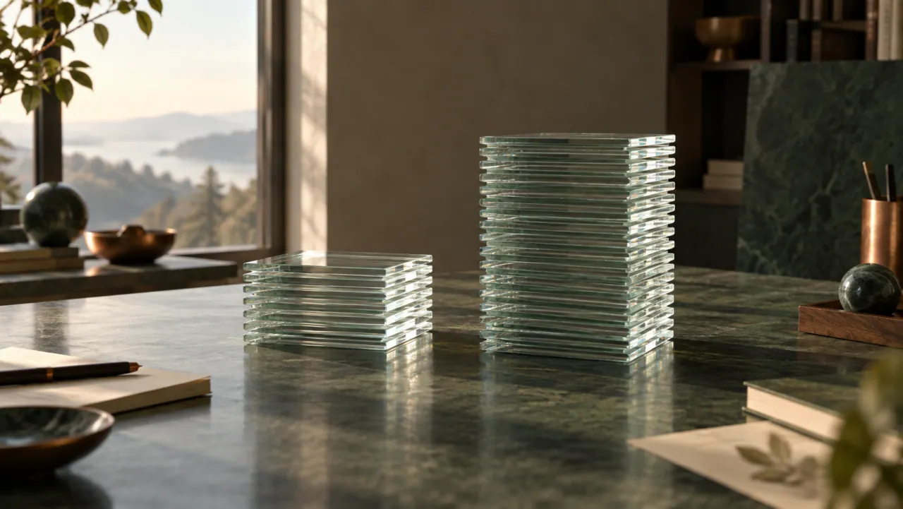 Two stacks of clear glass plates, one short and one tall, side by side on a marble desk