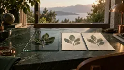 A pressed leaf under a glass plate beside two paper prints of the same leaf on a green marble desk